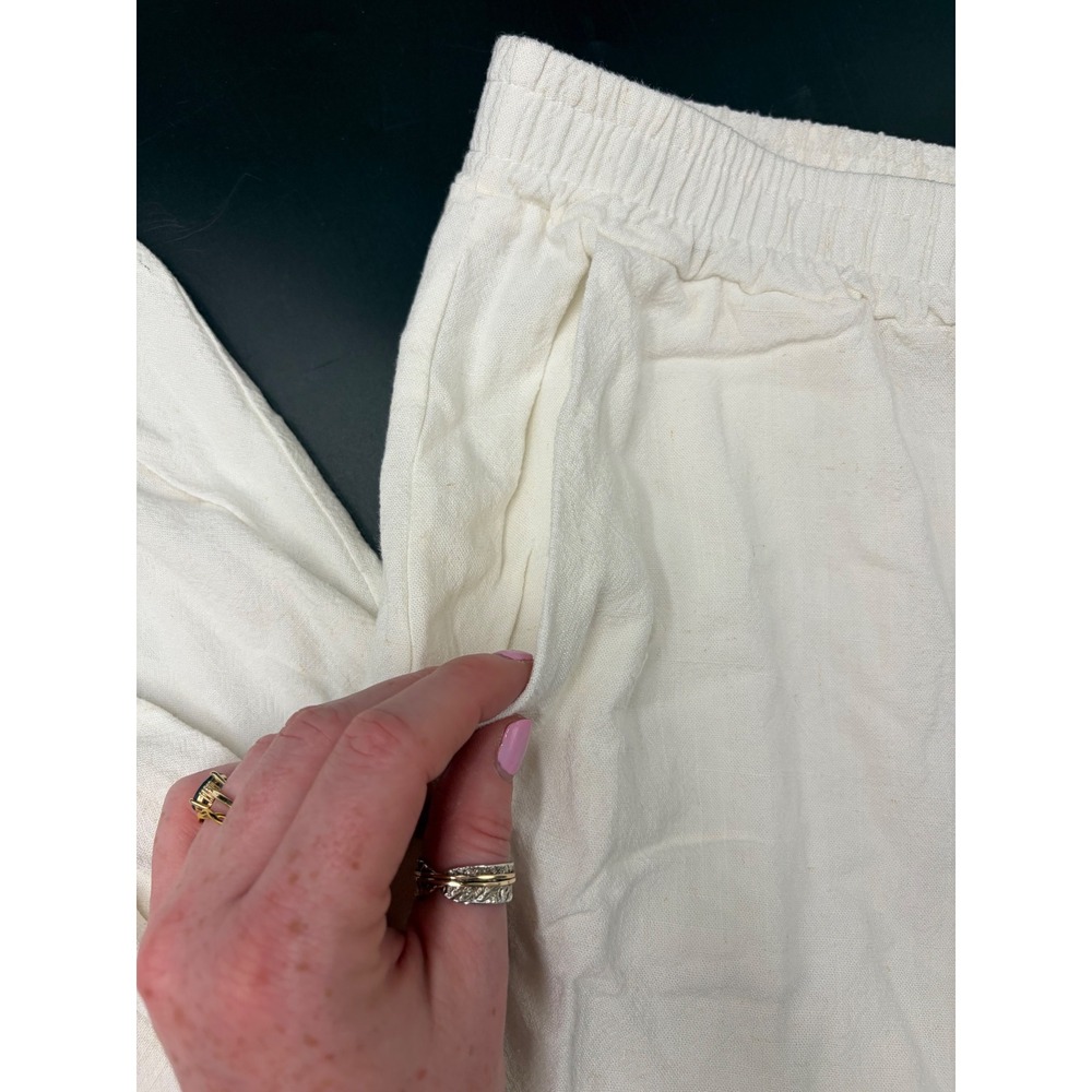 Cream Cotton Linen Blend Wide Leg Pants Elastic Waist Large Relaxed Loungewear - Picture 6 of 6